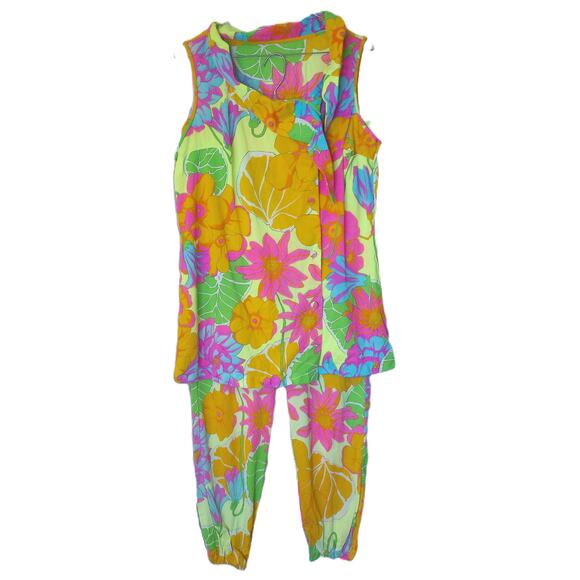 Vintage Nylon Neon Psychedelic Floral 2 Piece Pants Set READ - Picture 1 of 8